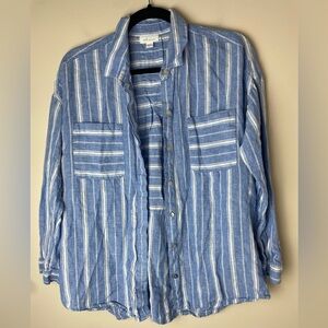 J Jill Love Linen Shirt Blue White Striped Button Up Small Petite Relaxed Beach